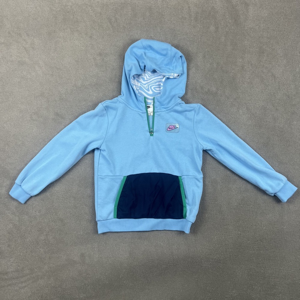 Nike Hoodie Kids Size 7 Blue Quarter Zip Fleece Marble Print Hood Sweatshirt